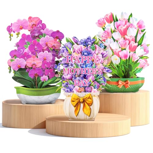 3D Pop Up Flower Bouquet Cards Set of 3 - Orchid Tulip Mothers Day Floral Collection - Birthday Anniversary Thank You for Mom Wife Grandma - Freestanding No Water Everlasting with Gold Envelopes - style: Orchid Tulip Mother's Day