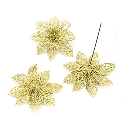 Wironlst 24 Pieces 3 Size Glitter Poinsettia Flowers Christmas Tree Ornaments, Glitzy Poinsettia Bushes Christmas Decorations for Xmas/Holiday/Seasonal/Wedding (Gold) - color: Gold