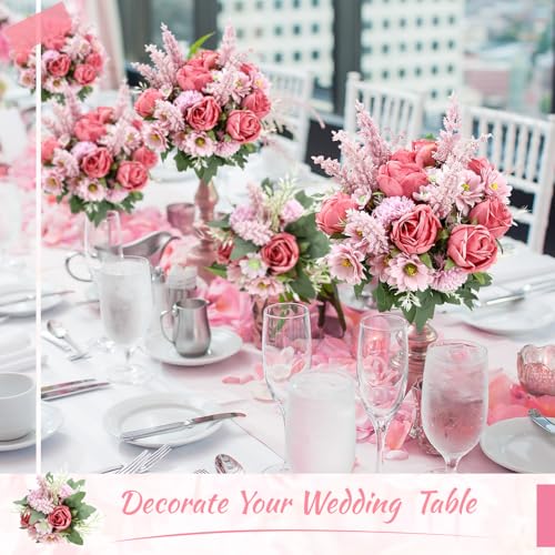 Zeyune 8 Pcs 13.4 Inch Artificial Flowers Bouquet Fake Silk Flowers Faux Bouquet Hydrangea Bouquets for Wedding Birthday Table Centerpieces Home Office Decoration (Rose,Bean Paste Pink) - color: Bean Paste Pink, size: Rose