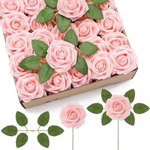 Lifewit Artificial Flowers, 50 Pcs Blush Foam Real Looking Roses with Stems, Fake Roses for DIY Wedding Bouquets, Centerpieces Arrangements, Valentine Decorations - color: Blush