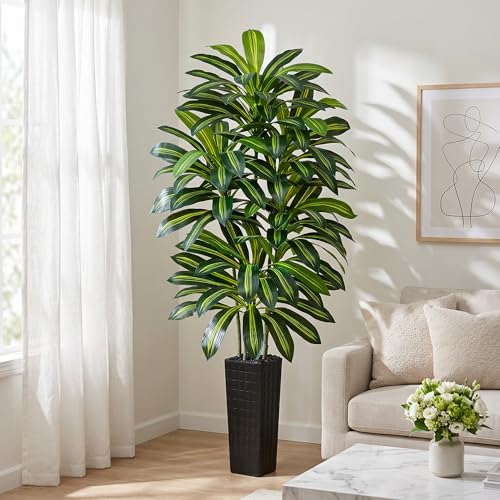 Artificial Dracaena Tree - 7FT Tall Fake Plants with Black Square Planter - Artificial Plants Indoor Floor Plant in Pot - Large Tropical Fake Yucca Potted Tree for Home Office Living Room Decor - color: Black, size: 7 FT