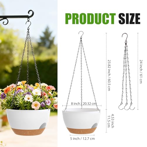 8 Inch Hanging Planters for Indoor Outdoor Plants, 4 Pack White Brown Plastic Self Watering Hanging Baskets with Drainage Holes and Chain for Garden Porch - color: White Brown