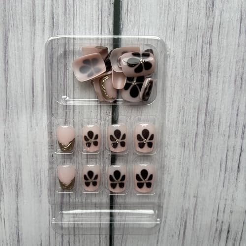 Fall Press on Nails Brown Flower Fake Nails French Tip False Nails with Gold French Designs Autumn Square Glue on Nails Thanksgiving Stick on Nail Cute Acrylic Nail Full Cover Glossy Artificial