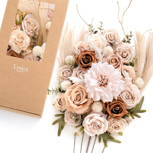 Ling's moment Fake Flowers Box, Faux Artificial Greenery Stems Foam Roses Silk Dahlia Pampas Grass Fabic Flower for Centerpieces Bouquet Wedding Vase Floral Decorations, Beige & Sepia, Deluxe Combo - color: Beg-beige & Sepia, size: Deluxe