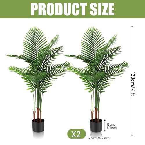 Jexine 2 Pack Artificial Palm Trees 4Ft, Fake Plants Fake Trees Artificial Areca Palm Plants for Outdoor Indoor Faux Palm Tree in Pot for Pool Home Decor Office Housewarming Gift Modern Decoration - size: 4 feet