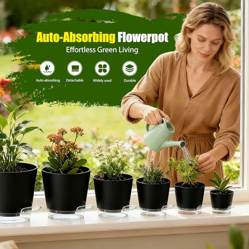 Plant Pots 4/5/5.5/6/6.5/7 Inch Self Watering Pots, 6 Pack Plastic Planters with Drainage Holes and Clear Saucers,Plastic Flower Pots,Nursery Planting Pot for Indoor Out Door Plants(Black) - color: Black, size: 4/5/5.5/6/6.5/7 inch