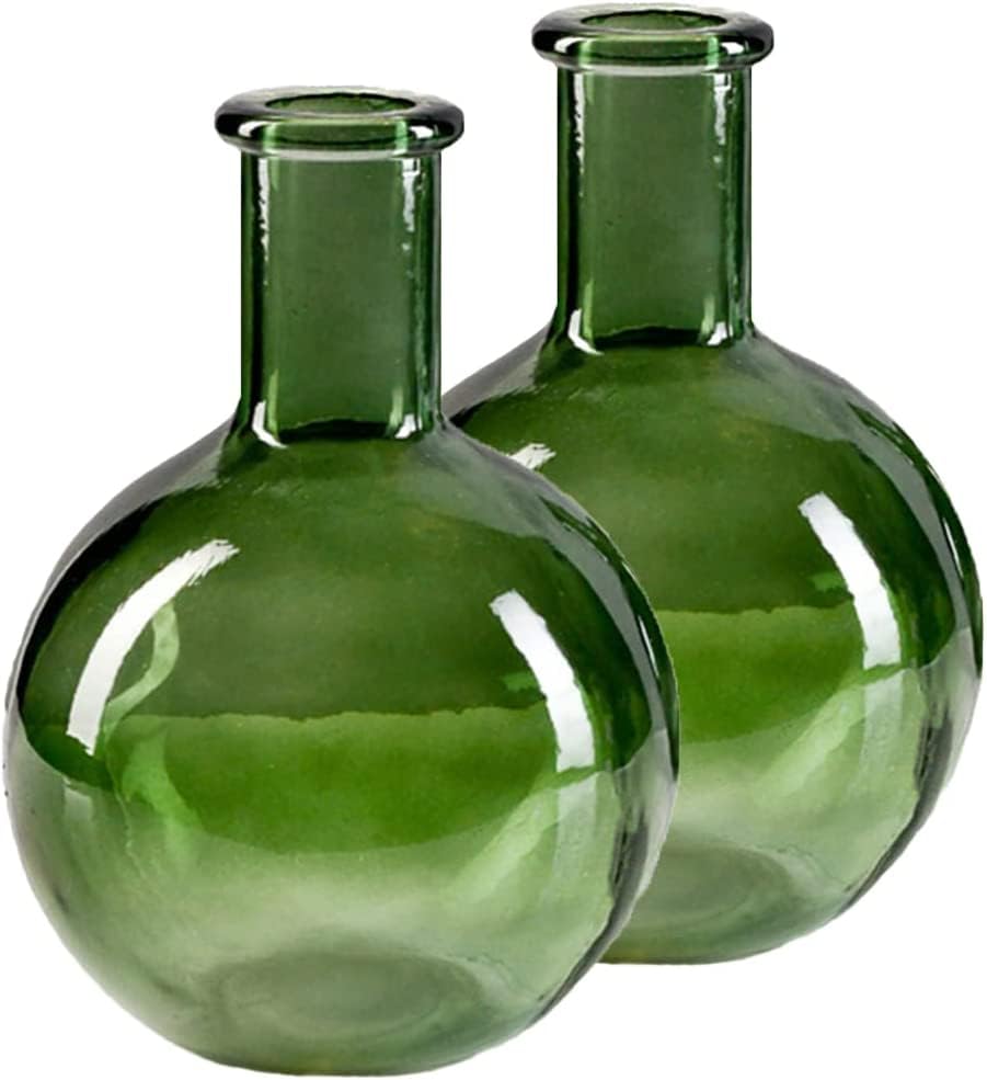 Serene Spaces Living Green Bottleneck Bulb Glass Vase, Vintage Round Flower Vase for Console Table, Shelf, Living Room, Bathroom, Office, Wedding, Measures 5.3" Diameter & 7.48" Tall, Pack of 16 - color: Green, Set of 16