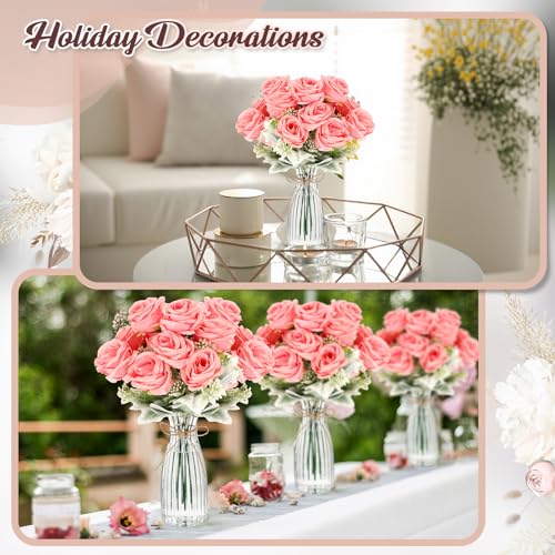 Zeyune 36 Pack Artificial Flowers Centerpiece with Vase Bulk for Wedding Table 24 Bundles Silk Floral Faux Rose Bouquet with 12 Plastic Vase for Bridal Shower Table Decor(Pink) - color: Pink