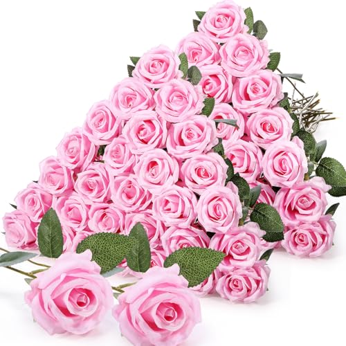 Jexine 60 PCS Artificial Roses Bulk Silk Flowers with Long Stems, Realistic Faux Rose Bouquet for Wedding Centerpieces, Valentine’s Party, Home Decor(Pink) - color: Pink