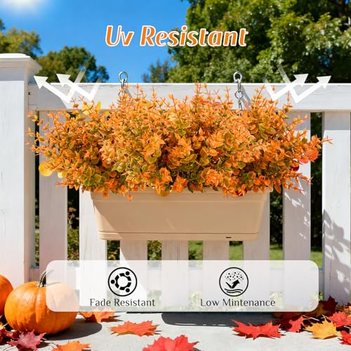 RAINFLOW Artificial Fall Flowers for Outdoors - 4PCS Autumn Brown Fake Mums, UV Resistant Fake Eucalyptus Stems for Vase Home Christmas Wedding Party Garden Porch Fall Thanksgiving Decorations