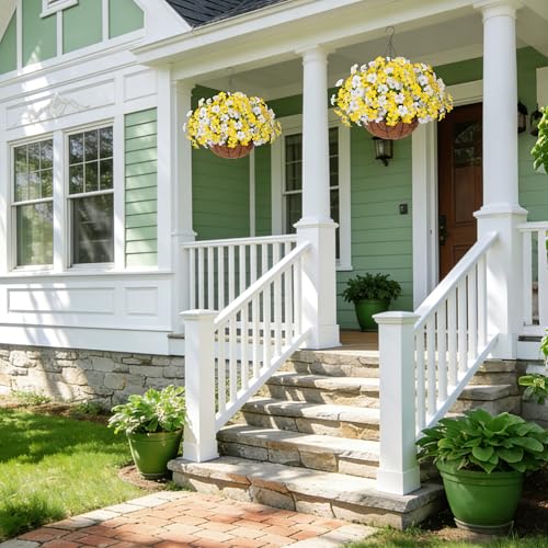 INSPRING Artificial Hanging Flowers for Outdoors Baskets Fake Plants Outdoor Decoration, UV Resistant Faux Morning Glory in Planter Look Real Silk Flowers for Outside Patio Porch Balcony Garden - color: Yellow White