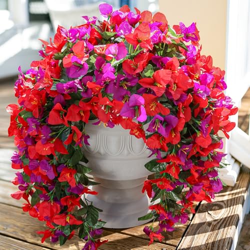 Faux Bougainvillea Artificial Flowers Plants for Outdoors Outside Decoration, 2pcs Fake Flowers Silk Long Trailing Vines UV Resistant Realistic for Front Door Porch Planter Urn Patio Balcony Yard, Mix - color: Red Purple