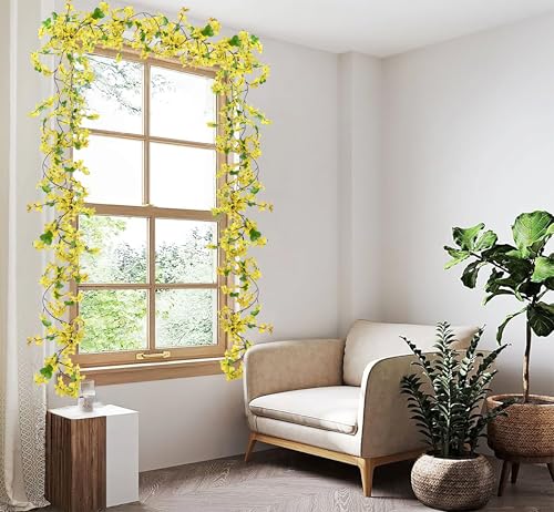 5Pcs Artificial Flowers Vine Yellow Spring Silk Flowers Garland Artificial Jasmine Vines for Decoration Fake Flower Vine Hanging Ivy for Indoor Outdoor Wall Party Wedding Arch Decoration