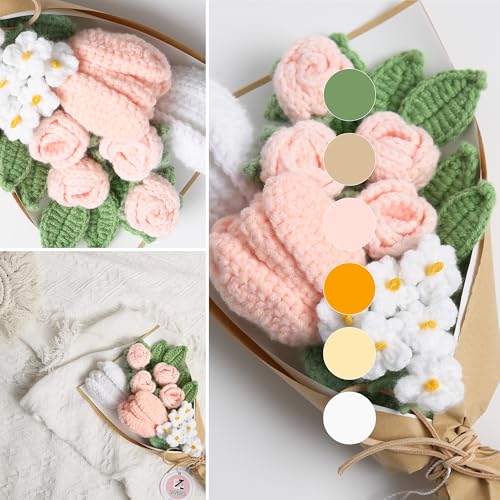 Crochet Flower Bouquet, Handmade Knitted Tulip Faux Crochet Flowers for Home Decor Valentine’s Day Anniversary Weddings Birthdays Mother’s Day, Includes Gift Bag and Greeting Card(Mini Pink) - color: Mini Pink