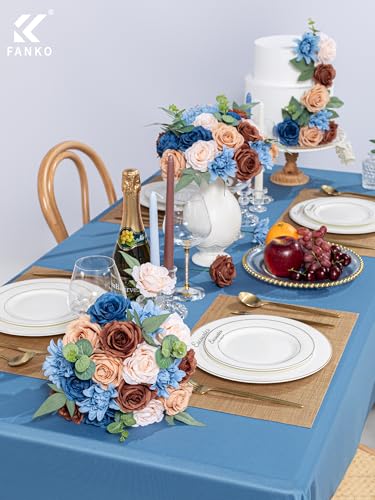 FANKO Artificial Flowers for DIY, Blue Brown Faux Flowers Bouquet, Fake Flowers with Roses Dahlia Silk Flowers for Vase, Home Decor, Wedding Centerpiece, Father’s Day, Party - color: Brown & Blue