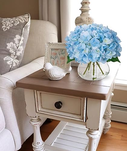 Hollyone Hydrangea Artificial Flowers with Vase Blue Silk Fake Flowers Arrangements in Glass Vase with Faux Water Faux Floral Bulk Bouquet for Home Decor Bathroom Table Centerpiece Shelf Decorations - color: Hydrangea, Blue