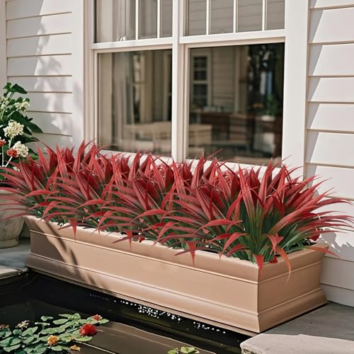 Ouddy Decor 20 Pcs Fake Outdoor Plants Artificial Grass Greenery Stems Faux Plastic Plants UV Resistant for Spring Summer Indoor Outside Garden Hanging Planter Porch Patio Window Box Home Decor, Red ﻿ - color: Red