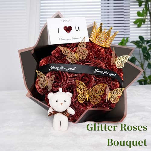 Glitter Roses Bouquet, DIY Fake Glitter Flowers Bouquet, Everlasting Shiny Artificial Red Rose Bouquet, Anniversary, Engagement, Wedding,Pink,12 Roses - color: Pink-12