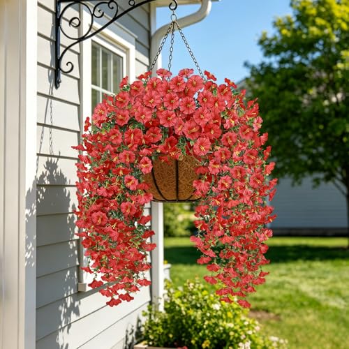 Artificial Flowers for Outdoors, 6-Pack 420 Blooms UV Resistant Hanging Morning Glory Silk Flowers Vines, Realistic Fake Plants Outside Decroation for Porch Patio Balcony Yard Garden (Red) - color: Red