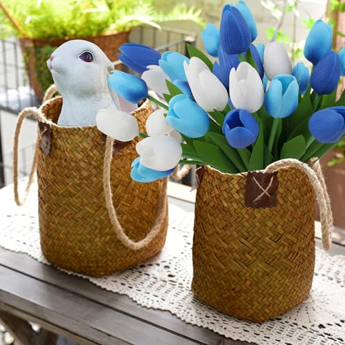Artificial Tulips Flowers Fake Latex Tulip Stems - 30pcs Real Touch Faux Multicolor Tulips Flower for Easter Spring Wedding Bouquet Centerpiece Floral Arrangement Cemetery Table Decor - color: Dark Blue, White, Light Blue