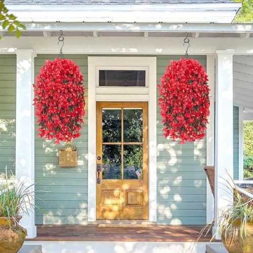 2PCS Faux Bougainvillea UV Resistant Artificial Flowers Plants for Outdoors Faux Hanging Bougainvillea Flowers Outside Decoration Fake Silk Long Trailing Vines for Front Door Porch Patio (red) - color: Red