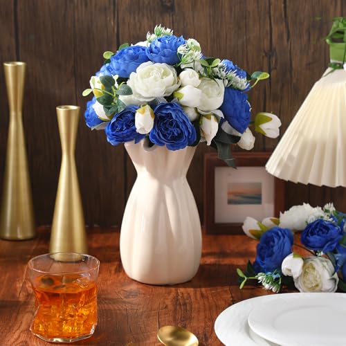 Yunsailing 8 Pack Artificial Peony Flowers Faux Silk Hydrangea Bouquet Wedding Home Table Decor Reusable Bouquet of Rose Flower for Birthday Wedding(Royal Blue and White) - color: Royal Blue and White, style: Peony