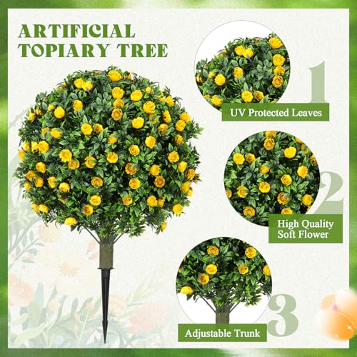 Lunmon 2 Pack 24" Artificial Topiary Ball Plants Trees with Flowers, Outdoor Fake Topiary Plants with Ground Spike, UV Resistant Faux Bushes for Indoor Outdoor Front Door Decor(Yellow,Rose) - color: Yellow, style: Rose