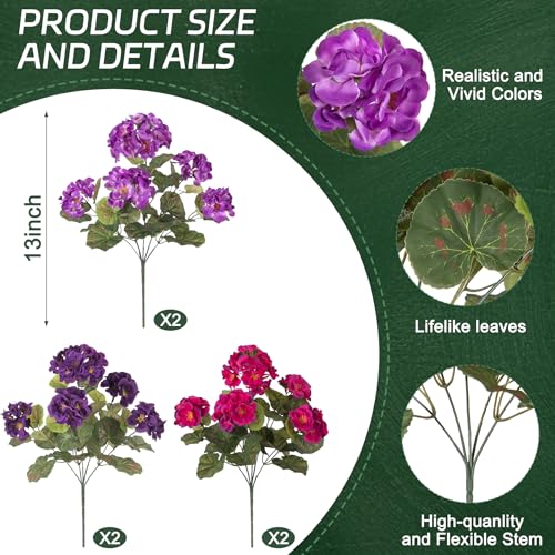 Ammyoo Artificial Geranium Flowers for Outdoors Decoration, 6 Pcs Fake Silk Geraniums Flower UV Resistant Look Real Faux Plants for Spring Garden Porch Planter Yard Table Centerpieces Decor - color: A-purple Deep Purple Purple-red