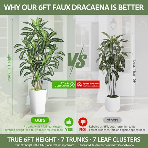 Dracaena Artificial Plant, 6FT Tall Artificial Plants Indoor Dracaena Tree in Pot, Fake Floor Plant for Living Room Decor, Artificial Tropical Plants Outdoor Porch Decor Office (White, 6FT) - color: White, size: 6FT