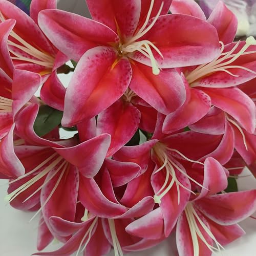 Artificial Lily Flowers,6 Pcs Faux Lily Flowers,23 Inch Long Stem Tiger Lily Branch with 3 Full Blooms and 4 Leaves, Latex Real Touch Lilium Flower for Wedding Bouquet (6, deep Pink) - color: Deep Pink