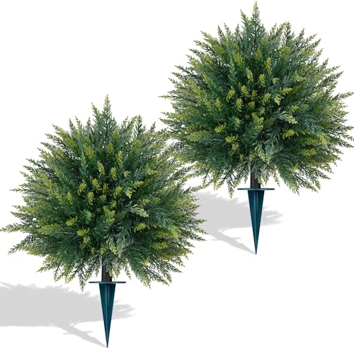 Yangrass 2PCS Artificial Cedar Topiary Ball Trees 23" for Outdoors with Ground Spike, UV Resistant Artificial Cypress Trees, Evergreen Shrubs Bushes Faux Plants for Front Porch Garden Backyard - color: Cedar