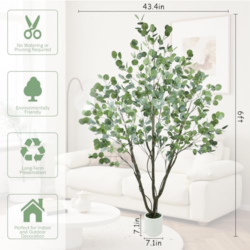Caxchiling Large Artificial Eucalyptus Tree 6FT, Fake Tree for Indoor Outdoor, Lifelike Faux Floor Plants with Heavy Trunk with Vines and Moss Topper, Home Office Decor for Living Room Bedroom Doorway - color: Eucalyptus, size: 6ft Plus