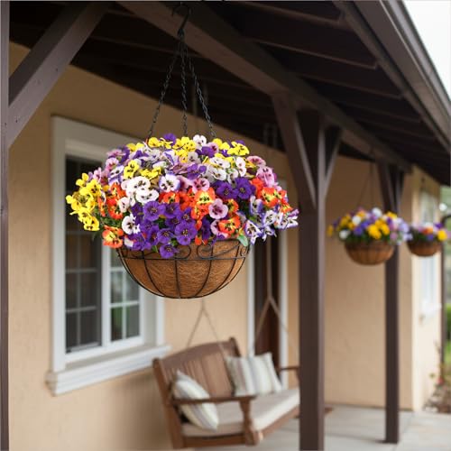 CEWOR Artificial Flowers for Outdoor Indoor, Fake Silk Pansy with Eucalyptus Leaves, Faux Flower for Garden Front Door Porch Planter Patio Home Decor (24 Bundles, Yellow White Purple Pink Orange Blue) - color: 6 Color Pansy
