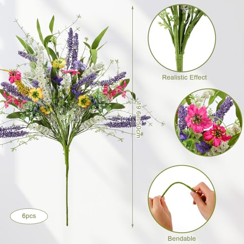 Giegxin 6 Bundles Fake Artificial Flowers Bouquet Spring Silk Flowers Arrangements Faux Wildflowers Bouquets Stems Fake Plants for Wedding Table Centerpiece Rustic Home Vase Floral Table(Wildflowers) - style: wildflowers