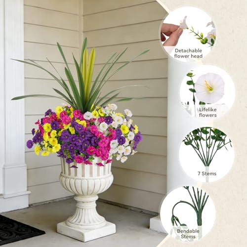INXUGAO Artificial Flowers for Outdoors Fake Plants Outside, 12 Bundles Silk Morning Glory with Eucalyptus + Orchid Leaf UV Resistant Realistic Faux Flowers for Porch Planter Garden Patio (Mix Color) - color: Mix White Yellow Purple