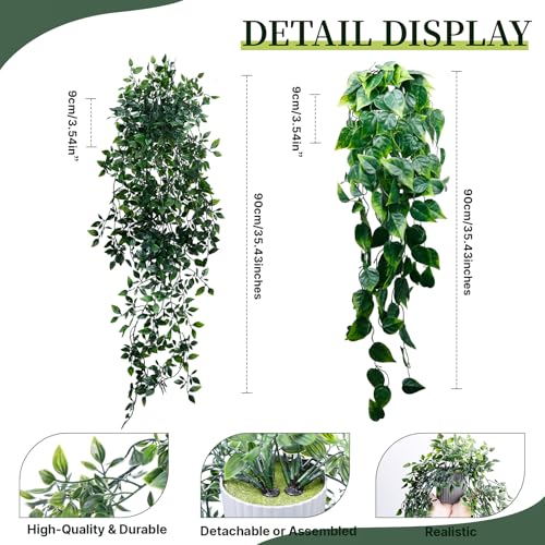 Artificial Hanging Plants for Shelf, 2-Pack Fake Potted Greenery Faux Mandala and Pothos Ivy Vines in Black Pot, Décor for Office Living Room Bathroom Indoor Outdoor - color: 2-pack Mandala Pothos Ivy Vines