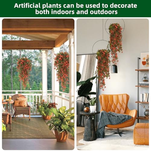 RECUTMS 2Pcs Artificial Fall Hanging Flowers for Outdoors Decoration Fake Fall Flowers Plants Faux UV Resistant Plastic Greenery Vines for Outdoor Garden Front Porch Thanksgiving Decor（Autumn Red） - color: Autumn Red-rose