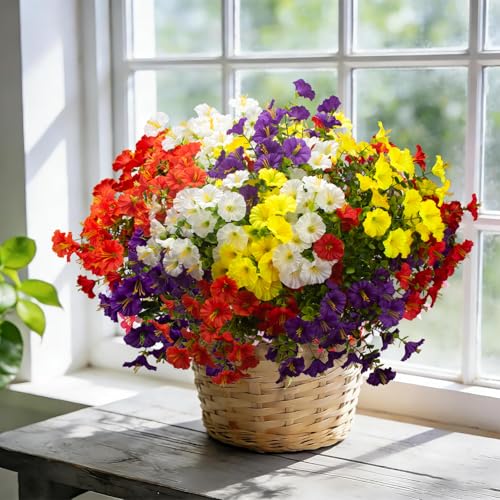 Grunyia Artificial Faux Flowers for Outdoor 16 Bundles Boxwood Fake Morning Glory for Planter,UV Resistant Fake Flowers for Home Porch Patio Outside (White,Yelow,Orange,Red,Purple) - color: Mix(white,yelow,orange,red,purple)
