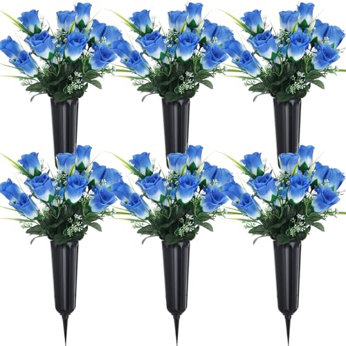Tigeen 6 Sets Father's Day Cemetery Flowers with Grave Vase 12 Bunches Artificial Rose Memorial Bouquet 84 Heads Fake Silk Flower for Dad Gravesite Graveside Decor(Blue) - color: Blue