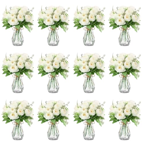 Zeyune 37 Pack Artificial Peonies Flowers with Bud Vase Bulk 24 Bundles Silk Peonies Bouquets 12 Plastic Clear Vase with 1 Rope Fake Flowers for Table Centerpiece Vases(White,Perfume) - color: White, style: Perfume
