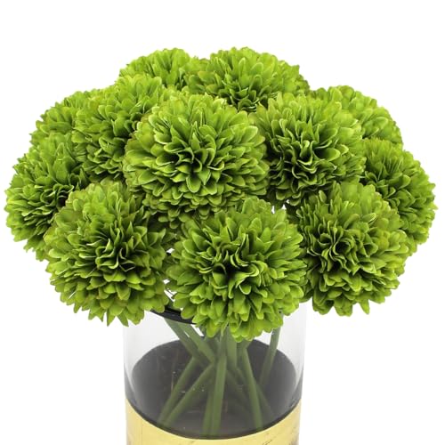 10Pcs Artificial Silk Chrysanthemum Ball Flowers Fake Mums Stem for St Patricks Day Arrangements Wedding Bouquets Home Kitchen Garden Party Table Floral Centerpieces (Dark Green) - color: Dark Green