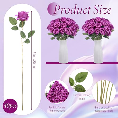 Hotop 40 Pcs Rose Artificial Flowers Bulk with Long Stem,Realistic Silk Fake Roses Bouquet for Home Wedding Centerpieces Party Table Decoration Valentines Gifts(Purple) - color: Purple