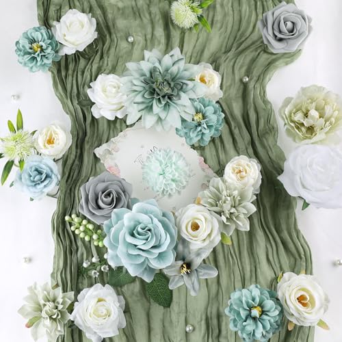 AmyHomie Teal Blue Artificial Flowers Combo Silk Mix Peony Rose Fake Flowers w/Stem for DIY Wedding Bouquets Centerpieces Arrangements Table Fall Decor Party Bridal Baby Shower Home Decorations - color: Teal Blue