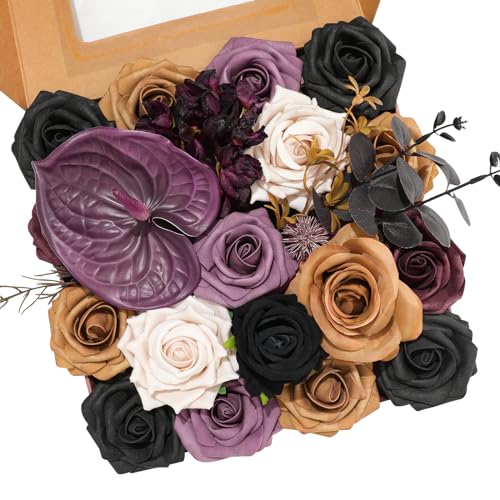 Floweroyal Halloween Artificial Flowers Black Flowers Mix Silk Flowers Fake Roses with Stems for DIY Wedding Bridal Bouquets, Baby Shower, Floral Arrangement, Table Centerpieces, Home Decorations - color: Brown & Black