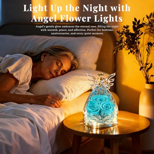 Beferr Gifts for Mom Birthday Gifts for Women, Fresh Flowers for Delivery Forever Preserved Rose in Glass Angel Figurine, Anniversary Christian Real Rose for Grandma Wife Mother from Daughter Son - color: J Tblue