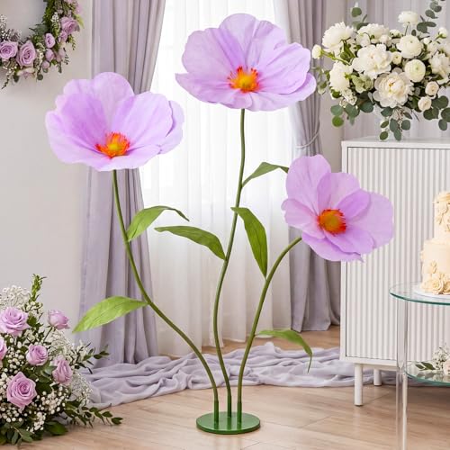 6ft Purple Giant Flowers for Decoration with Stand, Large Artificial Poppy, Big Paper Flower Decor for Garden Wedding Party Photography Props Hotel Office Art Gallery Shop Window Display - color: Purple