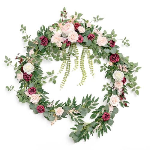 Ling's moment 9FT Spring Flower Garland - Wedding Arch Flowers, Eucalyptus & Rose, Artificial Floral Garland for Mantle - Sweetheart Table Decor for Reception, Backdrop Decorations, Marsala - color: Red-marsala