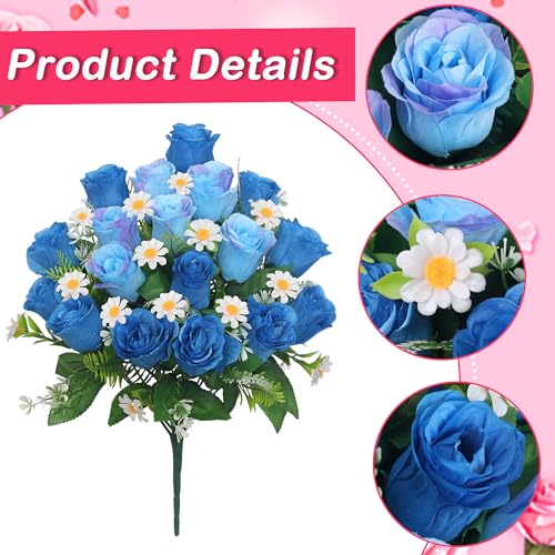 Wocst Artificial Cemetery Flowers for Grave Memorial Day Flowers for Cemetery,2Pack Artificial Silk Roses Daisy Bouquets with Cemetery Vases for Outdoor Grave Decorations ﻿ (Blue) - color: Blue