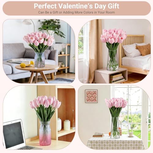 20 Pcs Fake Tulips Flowers 16" Tall, Realistic Touch Leaves, Bottle Tulip Artificial Plants Indoor for Home Decor Small Office Home Living Room-Vase Not Include -Pink - size: 16 Inch Tulips Pink