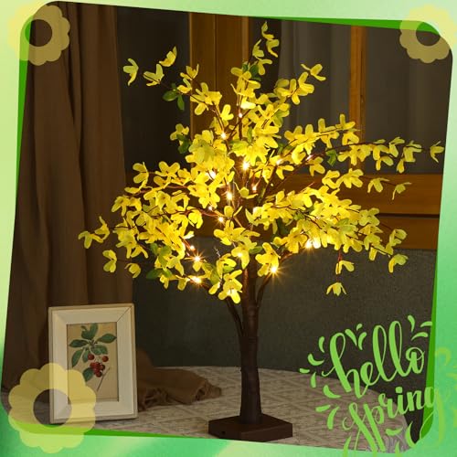 Baquler 2 Pcs Fake Forsythia Tree Lamp Artificial Yellow Flowers Tree Lamp Forsythia Stems Birch Tree with LED Lights Spring Artificial Stem Flowers for Easter Home Party Wedding Holiday Spring Decor